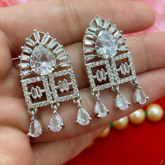 American Diamond Tassle Earings- Silver/White