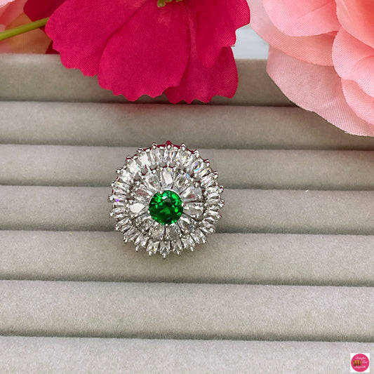 American Diamond Adjustable Cocktail Ring- Green