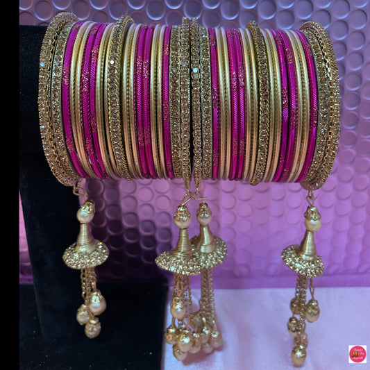 Gold Zirconia Pearl Hanging Metal Bangles Set- Magenta