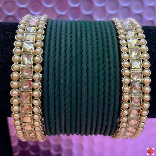 Kundan/Pearl Metal Bangles Set- Green