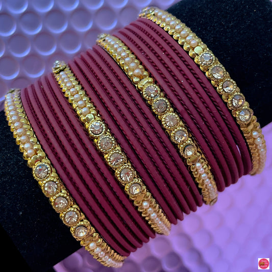 Gold Pearl Metal Bangles Set- Maroon