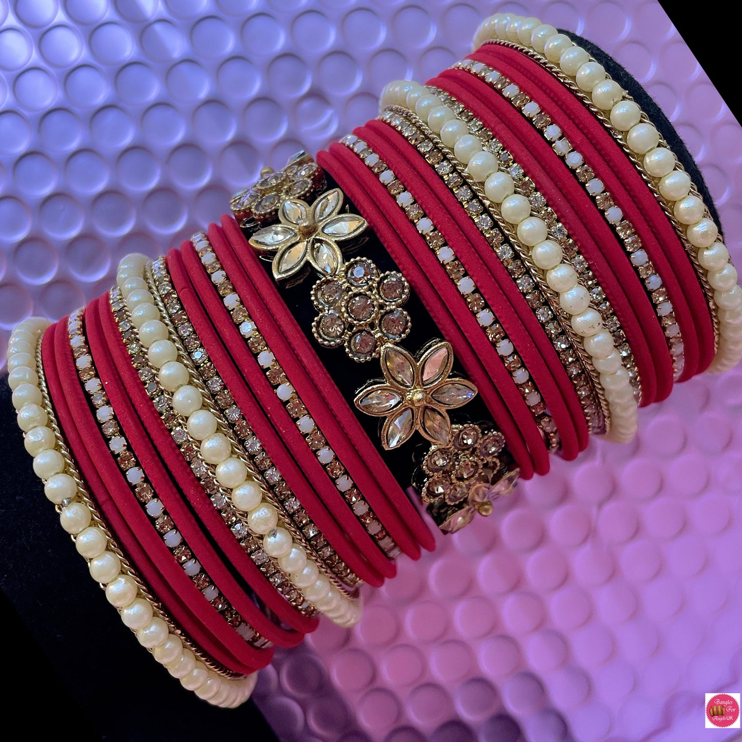 Kundan Pearl Metal Bangles Set- Red