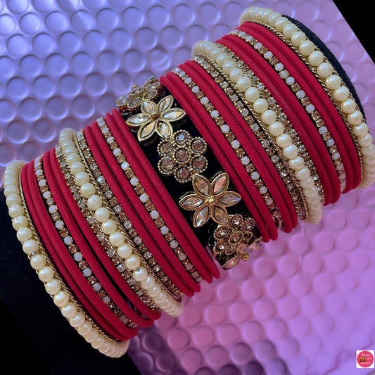 Kundan Pearl Metal Bangles Set- Red