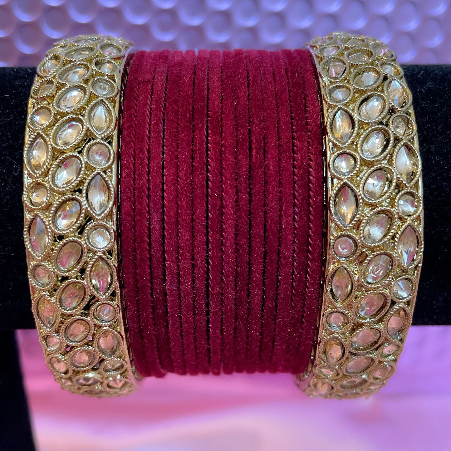 Kundan Velvet Bangle Set- Maroon