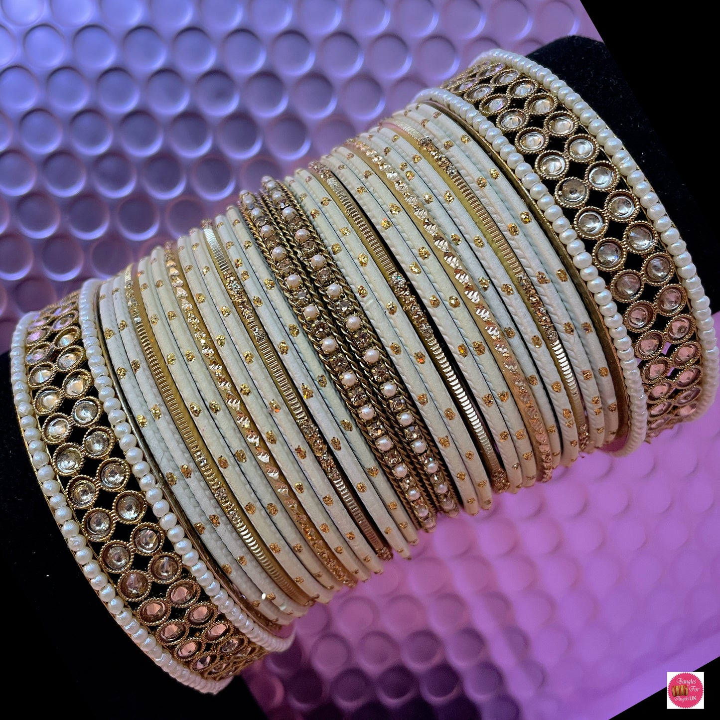 Kundan/Pearl Metal Bangles Set- Cream