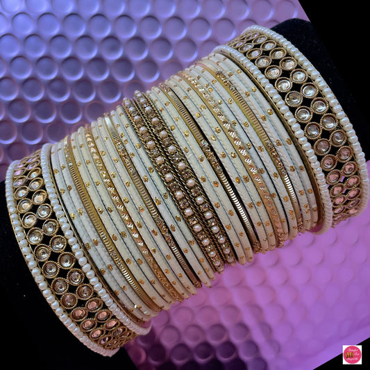 Kundan/Pearl Metal Bangles Set- Cream