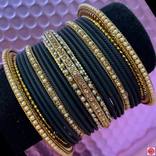 Pearl & Gold Metal Bangles Set- Black