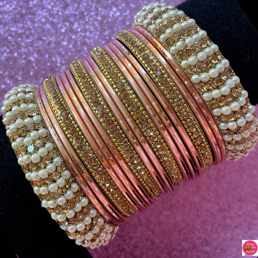 Gold Pearl Metal Bangles Set- Peach/Rose Gold