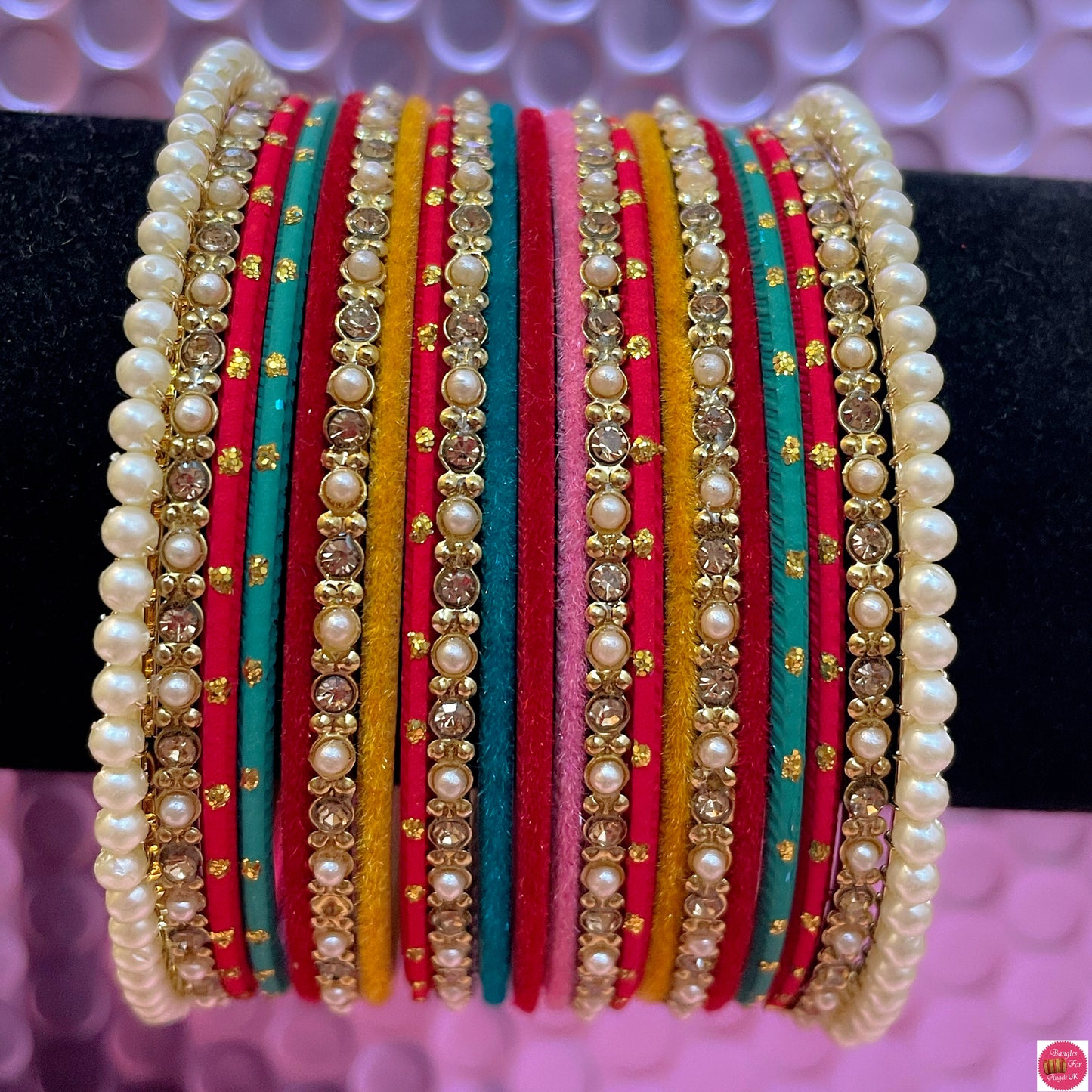 Multicoloured Pearl Metal Bangles Set- Size 2.10