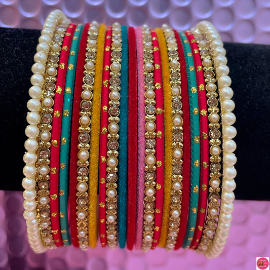 Multicoloured Pearl Metal Bangles Set- Size 2.10