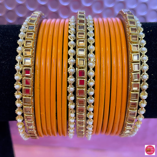 Pearl/Kundan Metal Bangle Set- Turmeric Yellow