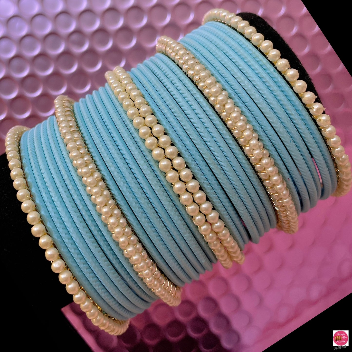 Pearl Metal Bangles Set- Baby Blue