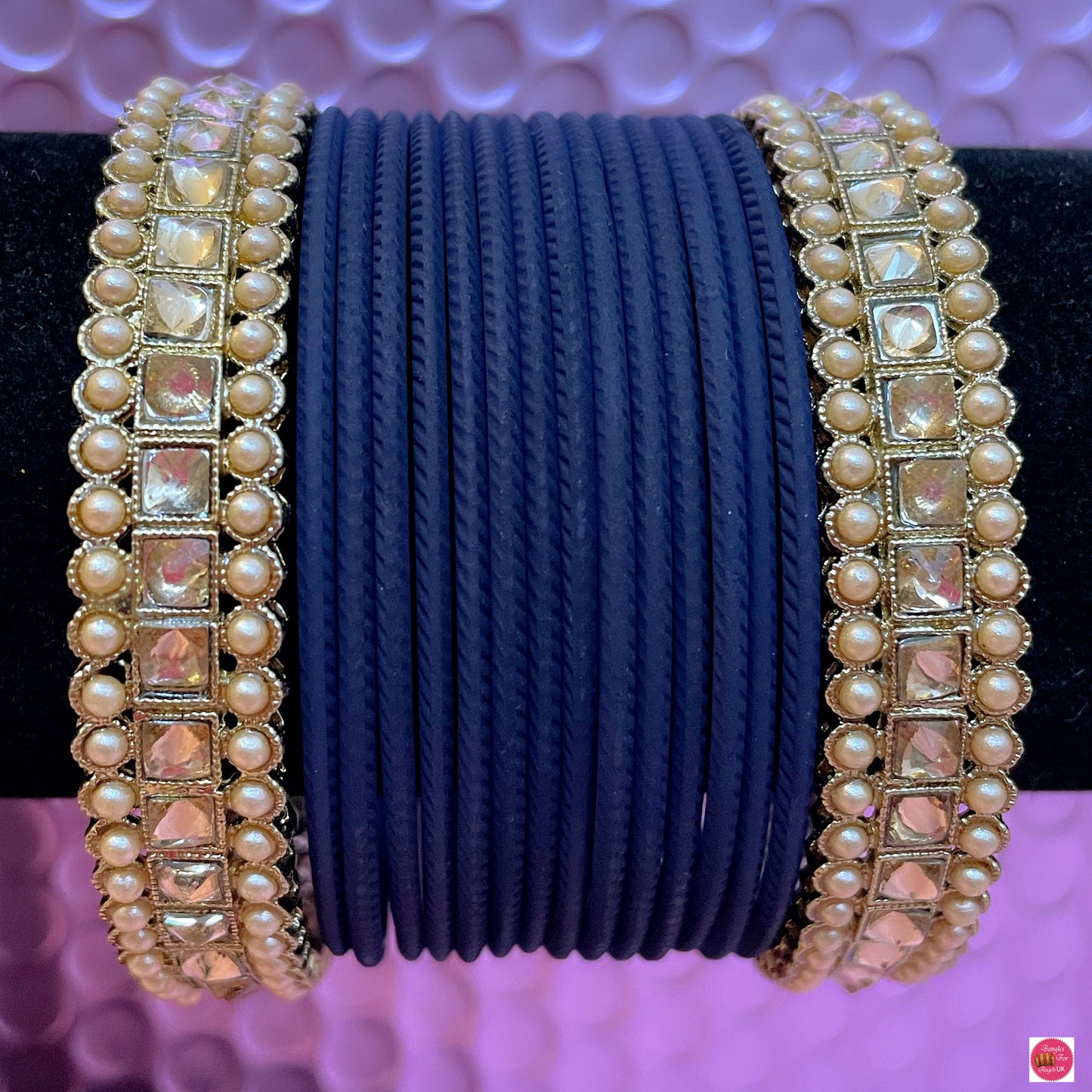 Kundan/Pearl Metal Bangles Set- Navy Blue