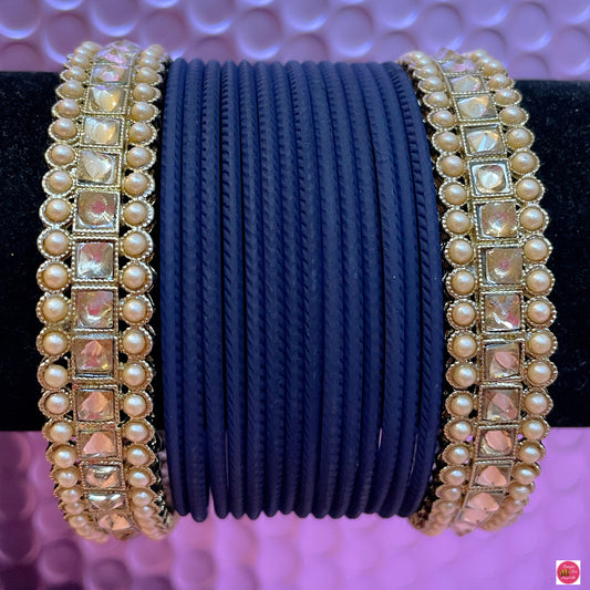 Kundan/Pearl Metal Bangles Set- Navy Blue