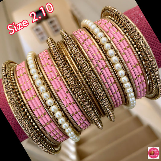 Pearl & Gold Pink Metal Bangle Set-Size 2.10