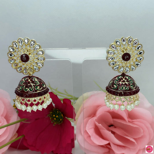 Alia Kundan & Meenakaari Jhumkis- Maroon