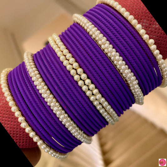 Purple & White Pearl Metal Bangles Set