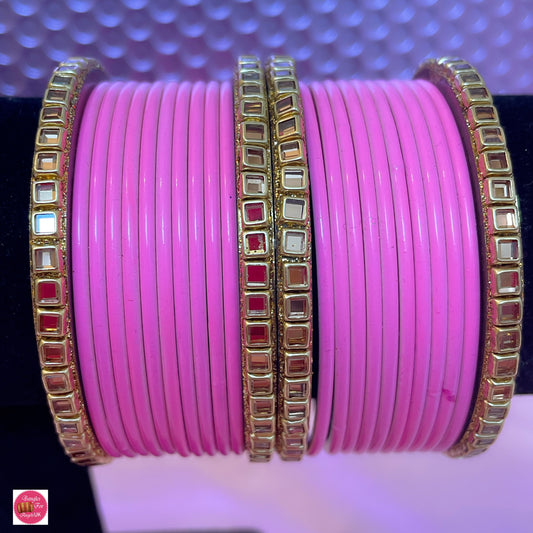 Kundan Metal Bangle Set- Pink