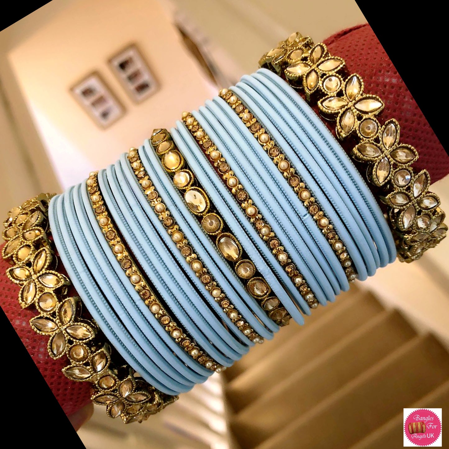 Kundan Metal Bangles Set- Baby Blue