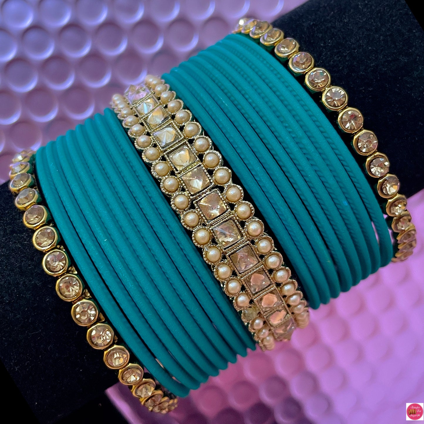 Kundan Metal Bangles Set- Teal