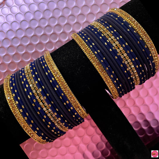 Zirconia Gold Metal Bangles Set- Navy Blue