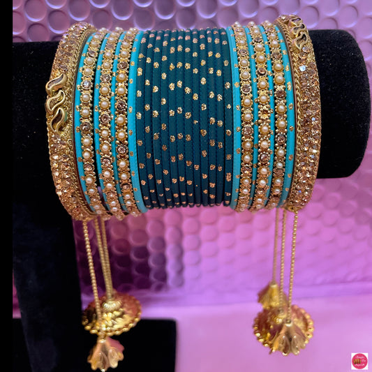 Gold Hanging Metal Bangles Set- Peacock Blue