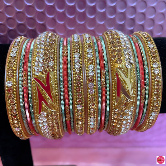 Gold Bangle Set- Mint/Peach