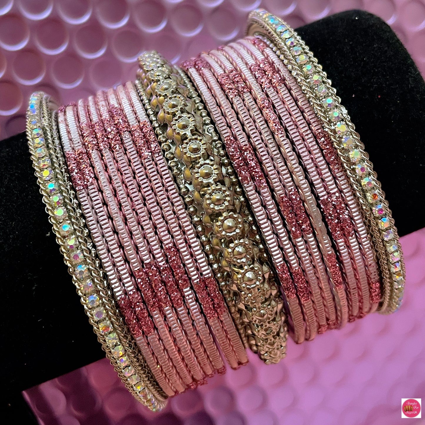 Silver Metal Bangles Set- Light Pink