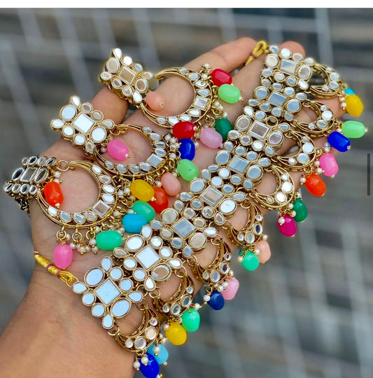 Mirror Pearl Work Earings & Maang Tikka Set- Multicoloured