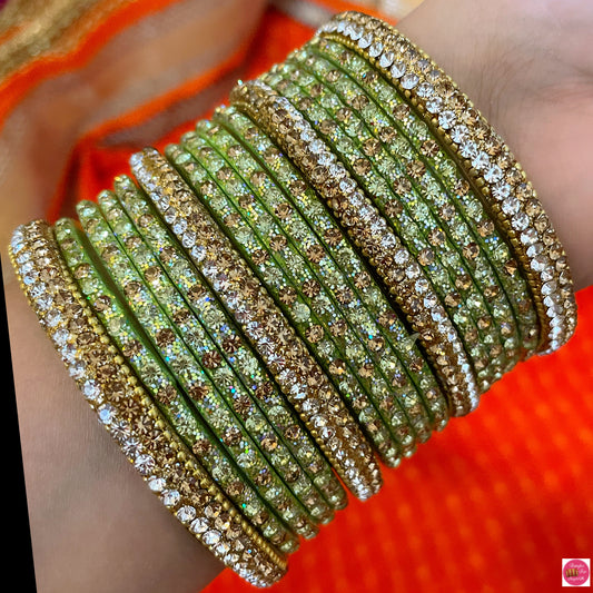 Pure Gold & Mint Green Glass Bangles Set- Size 2.6