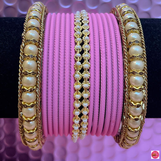 Pearl Metal Bangles Set- Baby Pink