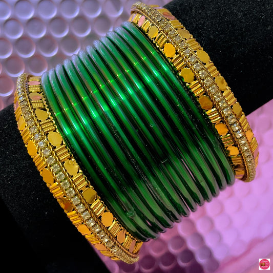 Gold Zirconia Green Glass Bangles Set- Size 2.10