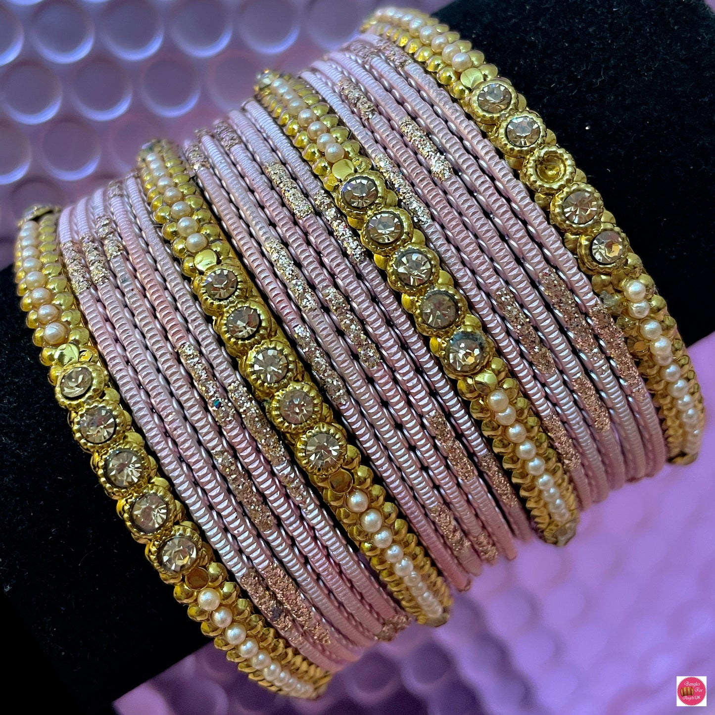 Gold Pearl Metal Bangles Set- Dusty/Light Pink