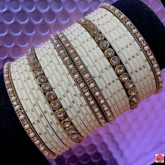 Gold Metal Bangles Set- Cream