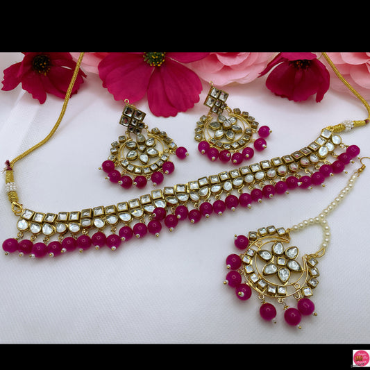 Kundan Choker, Earings & Maang Tikka Set- Hot Pink