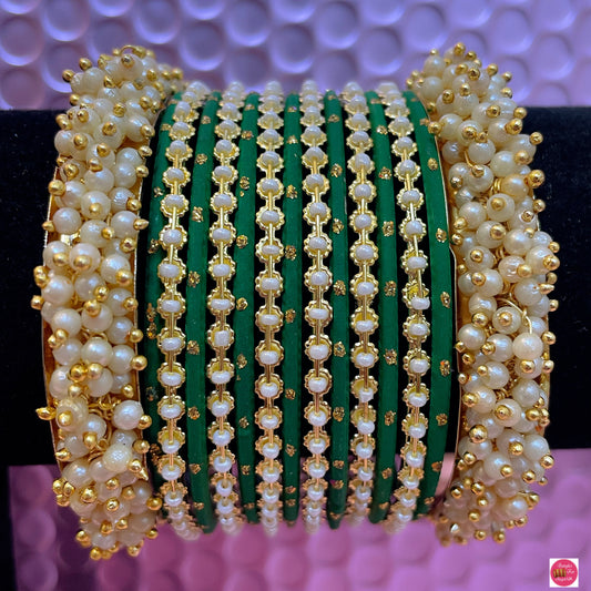 Pearl Metal Bangles Set- Green