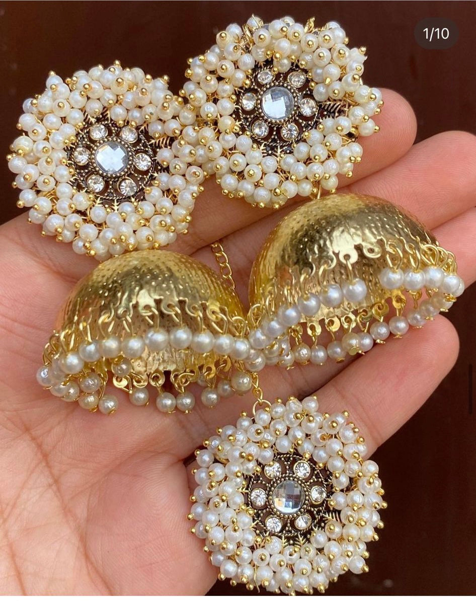 Gold Pearl Earings (Jhumki) & Maang Tikka Set