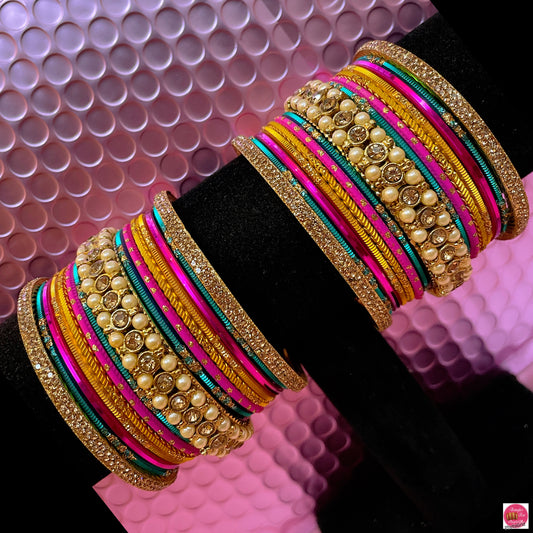 Multicoloured Mehendi Pearl Zirconia Metal Bangles Set