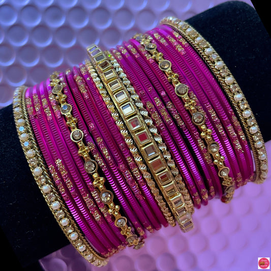 Gold Metal Bangles Set- Hot Pink