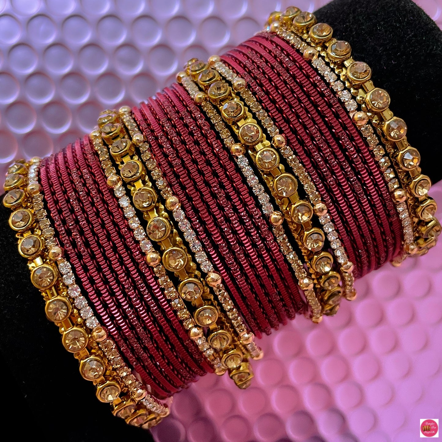 Gold Zirconia Metal Bangles Set- Maroon