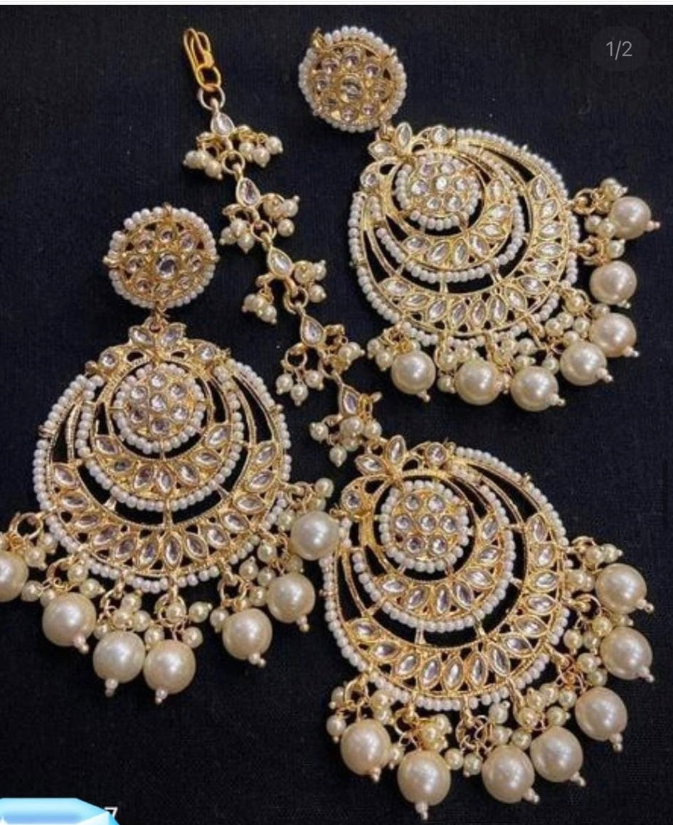 Kundan Pearl Maang Tikka & Earings Set