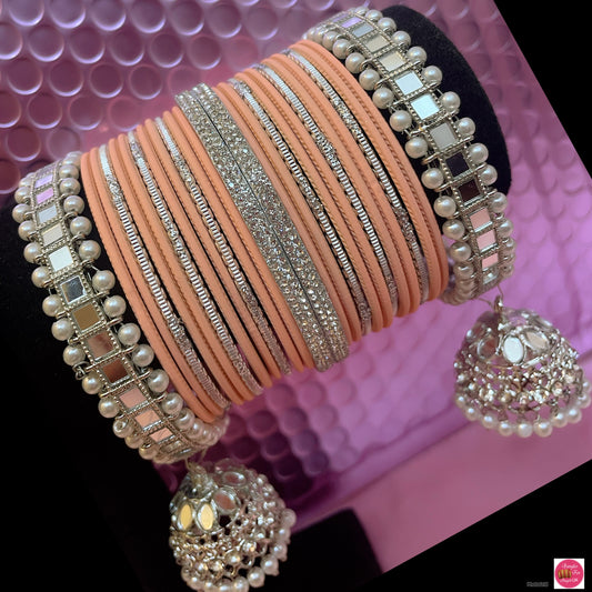 Silver Polki Pearl Hanging Metal Bangles Set- Peach