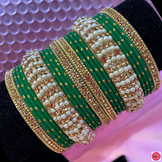 Gold Pearl Metal Bangle Set- Green