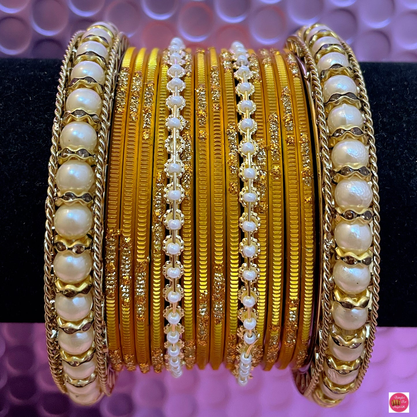 Pearl Metal Bangles Set- Mustard Yellow