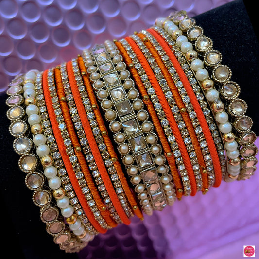 Pearl Kundan Zirconia Thread Bangle Set- Orange