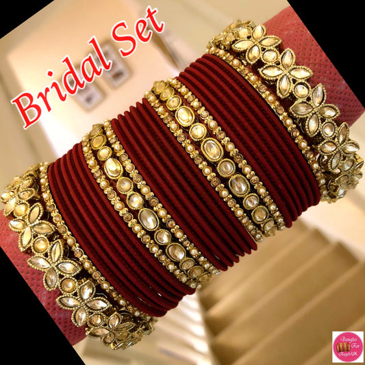 Kundan Metal Bangles Set- Maroon