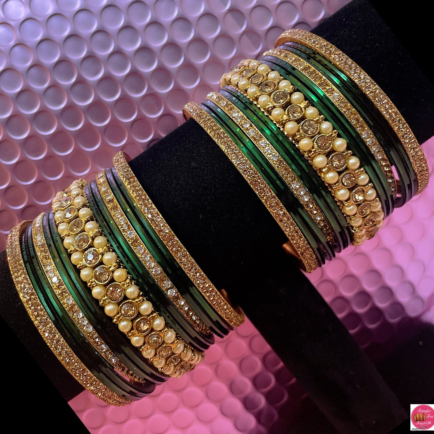 Pearl Zirconia Metal Bangles Set- Green