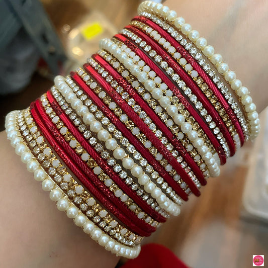 Pearl Zirconia Metal Bangles Set- Red/Maroon