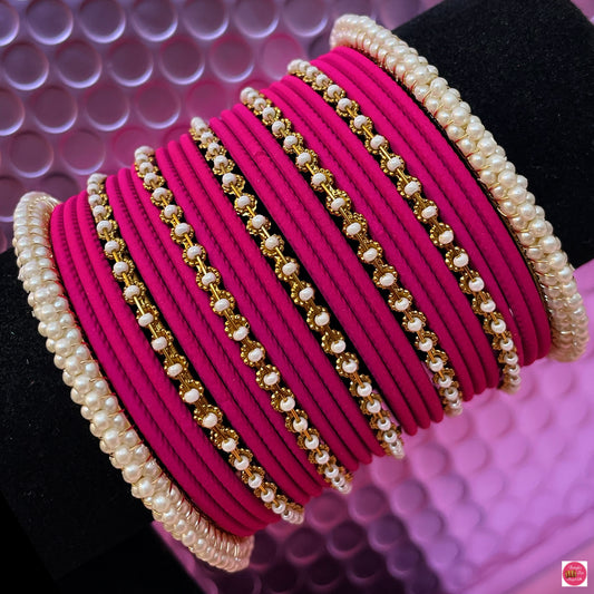 Pearl Metal Bangles Set- Hot Pink