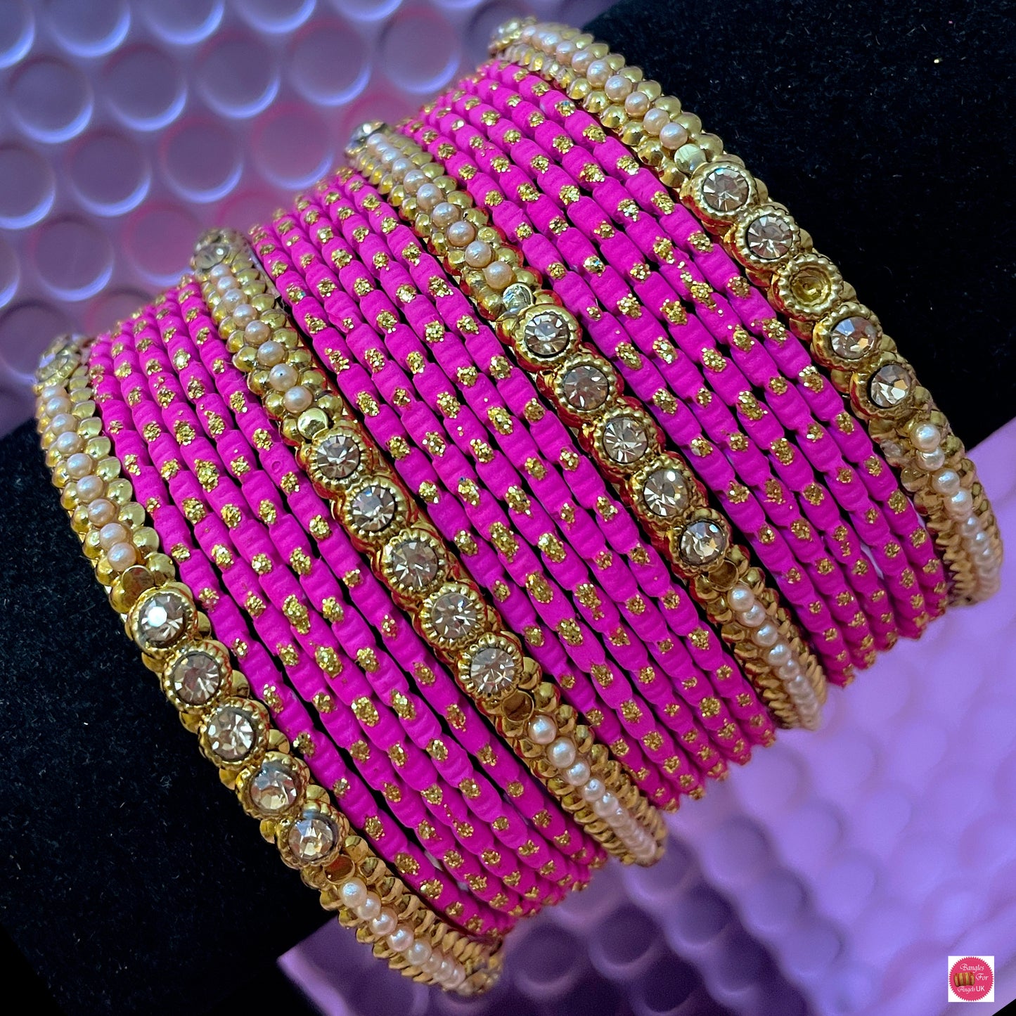 Gold Pearl Metal Bangles Set- Pink